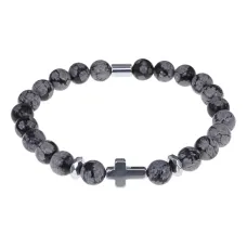 Христианский браслет Крест с нат.камнем Снежный обсидиан 8мм BSH-14-14