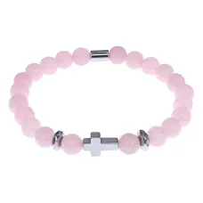 Христианский браслет Крест с нат.камнем Розовый кварц 8мм BSH-14-15