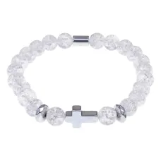 Христианский браслет Крест с синт.камнем Сахарный кварц 8мм BSH-14-16