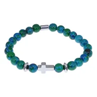 Христианский браслет Крест с синт.камнем Хризоколла 8мм BSH-14-21