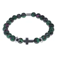Христианский браслет Крест с синт.камнем Цоизит 8мм BSH-14-22
