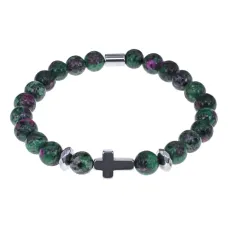 Христианский браслет Крест с синт.камнем Цоизит 8мм BSH-14-22