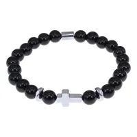 Христианский браслет Крест с нат.камнем Чёрный агат 8мм BSH-14-23