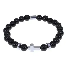 Христианский браслет Крест с нат.камнем Чёрный агат 8мм BSH-14-23