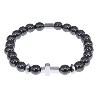 Христианский браслет Крест с синт.камнем Гематит (не магнит.) 8мм BSH-14-28