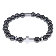 Христианский браслет Крест с синт.камнем Гематит (не магнит.) 8мм BSH-14-28