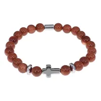 Христианский браслет Крест с синт.камнем Коричневый авантюрин 8мм BSHE-14-01