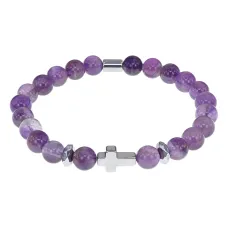 Христианский браслет Крест с нат.камнем Аметист 8мм BSHE-14-03