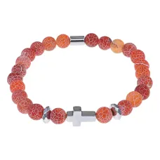 Христианский браслет Крест с нат.камнем Африканский агат 8мм BSHE-14-04