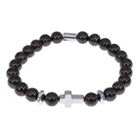 Христианский браслет Крест с нат.камнем Гранат 8мм BSHE-14-06