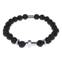 Христианский браслет Крест с нат.камнем Лава 8мм BSHE-14-09