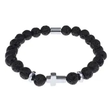 Христианский браслет Крест с нат.камнем Лава 8мм BSHE-14-09