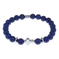 Христианский браслет Крест с нат.камнем Лазурит 8мм BSHE-14-10