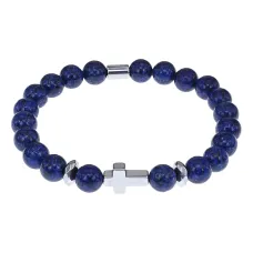 Христианский браслет Крест с нат.камнем Лазурит 8мм BSHE-14-10