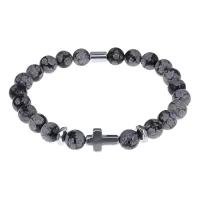 Христианский браслет Крест с нат.камнем Снежный обсидиан 8мм BSHE-14-14