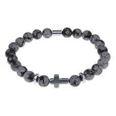 Христианский браслет Крест с нат.камнем Снежный обсидиан 8мм BSHE-14-14