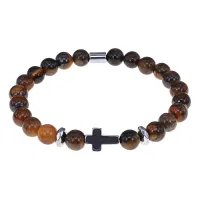 Христианский браслет Крест с нат.камнем Тигровый глаз 8мм BSHE-14-19