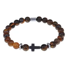 Христианский браслет Крест с нат.камнем Тигровый глаз 8мм BSHE-14-19