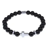 Христианский браслет Крест с нат.камнем Чёрный агат 8мм BSHE-14-23