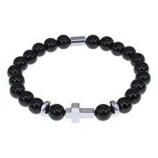 Христианский браслет Крест с нат.камнем Чёрный агат 8мм BSHE-14-23