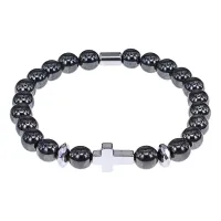 Христианский браслет Крест с синт.камнем Гематит (не магнит.) 8мм BSHE-14-28