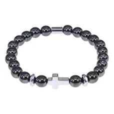 Христианский браслет Крест с синт.камнем Гематит (не магнит.) 8мм BSHE-14-28