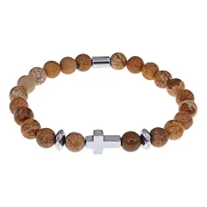 Христианский браслет Крест с нат.камнем Песочная яшма 8мм BSHE-14-30