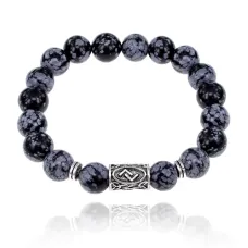Браслет с руной Йера и нат. камнем Снежный обсидиан BSRM-07-14