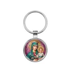 Круглый брелок, цвет серебро, Богородица с Иисусом C1102021