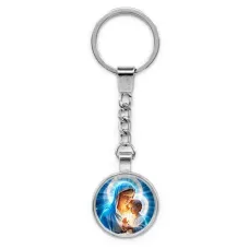 Круглый брелок, цвет серебро, с цепочкой, Богородица с Иисусом C1103022