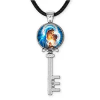 Кулон ключ, цвет серебро, со шнурком, Богородица с Иисусом C1103043