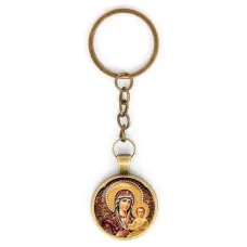 Круглый брелок, цвет бронза, с цепочкой, Богородица с Иисусом C1105018