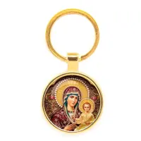 Круглый брелок, цвет золото, Богородица с Иисусом C1105019