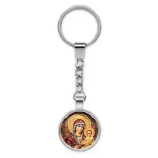 Круглый брелок, цвет серебро, с цепочкой, Богородица с Иисусом C1105022