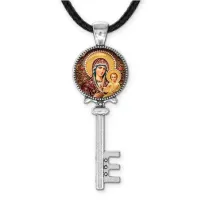 Кулон ключ, цвет серебро, со шнурком, Богородица с Иисусом C1105043