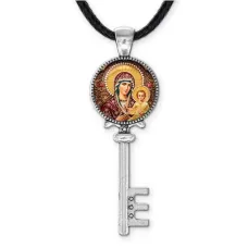 Кулон ключ, цвет серебро, со шнурком, Богородица с Иисусом C1105043