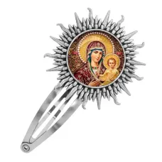 Заколка металлическая, цвет серебро, Богородица с Иисусом C1105045
