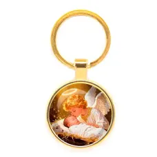 Круглый брелок, цвет золото, Младенец Иисус и ангел C1110019