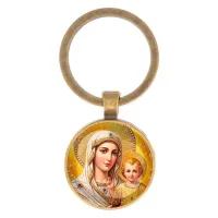 Круглый брелок, цвет бронза, Богородица с Иисусом C1120017