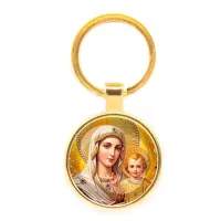 Круглый брелок, цвет золото, Богородица с Иисусом C1120019