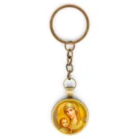 Круглый брелок, цвет бронза, с цепочкой, Богородица с Иисусом C1121018