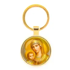 Круглый брелок, цвет золото, Богородица с Иисусом C1121019