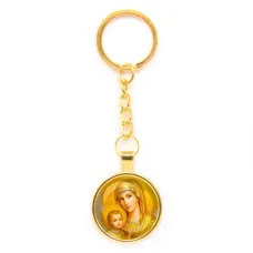 Круглый брелок, цвет золото, с цепочкой, Богородица с Иисусом C1121020