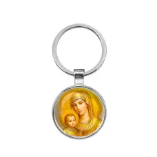 Круглый брелок, цвет серебро, Богородица с Иисусом C1121021