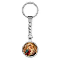 Круглый брелок, цвет серебро, с цепочкой, Богородица с Иисусом C1122022