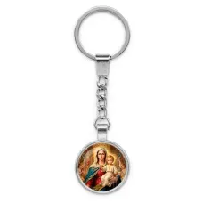 Круглый брелок, цвет серебро, с цепочкой, Богородица с Иисусом C1122022