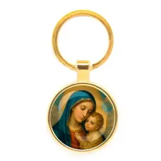 Круглый брелок, цвет золото, Богородица с Иисусом C1123019