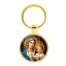 Круглый брелок, цвет золото, Богородица с Иисусом C1124019