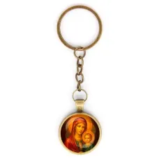 Круглый брелок, цвет бронза, с цепочкой, Матерь божья с Иисусом C1125018