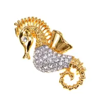 Брошь Морской конек большой, цвет золотой со стразами UE005